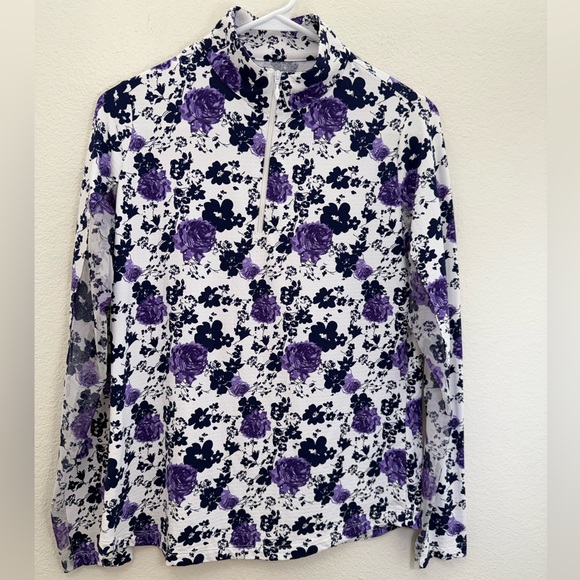 Ibkul Long Sleeve Xenia Navy Purple Floral Mesh Long Sleeve Top Small - Picture 2 of 10